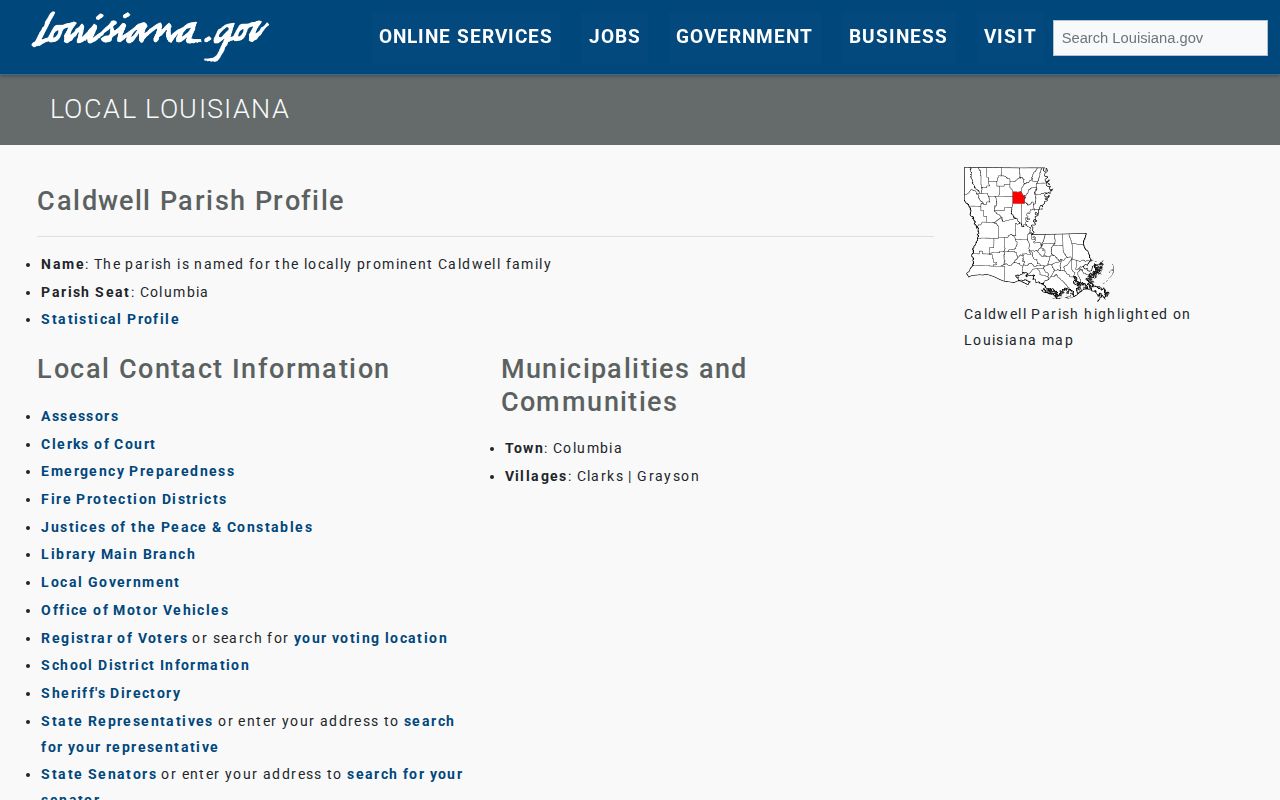 Louisiana government page identifying Columbia for Caldwell Parish arrest record routing