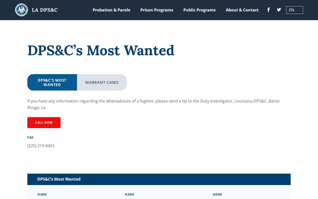 Louisiana DPS and Corrections Most Wanted and warrant records page